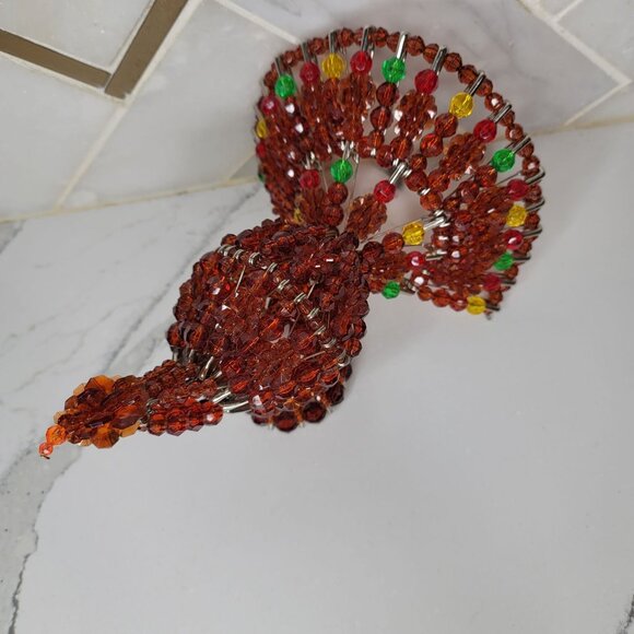 Handcrafted Beaded Turkey Figurine. Unique Beaded Decor Thanksgiving Centerpiece - Picture 5 of 7
